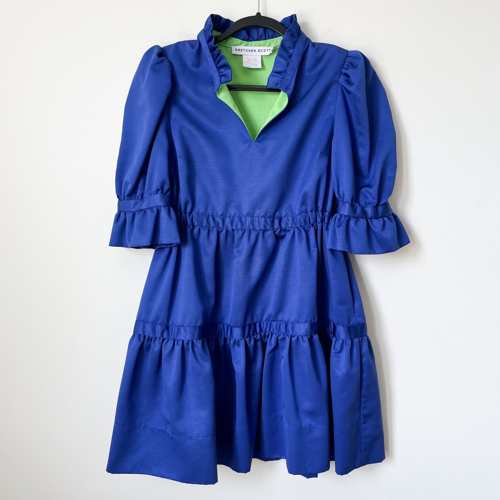 Gretchen Scott Ruffle Teardrop Tiered Dress Blue Womens Small Pockets